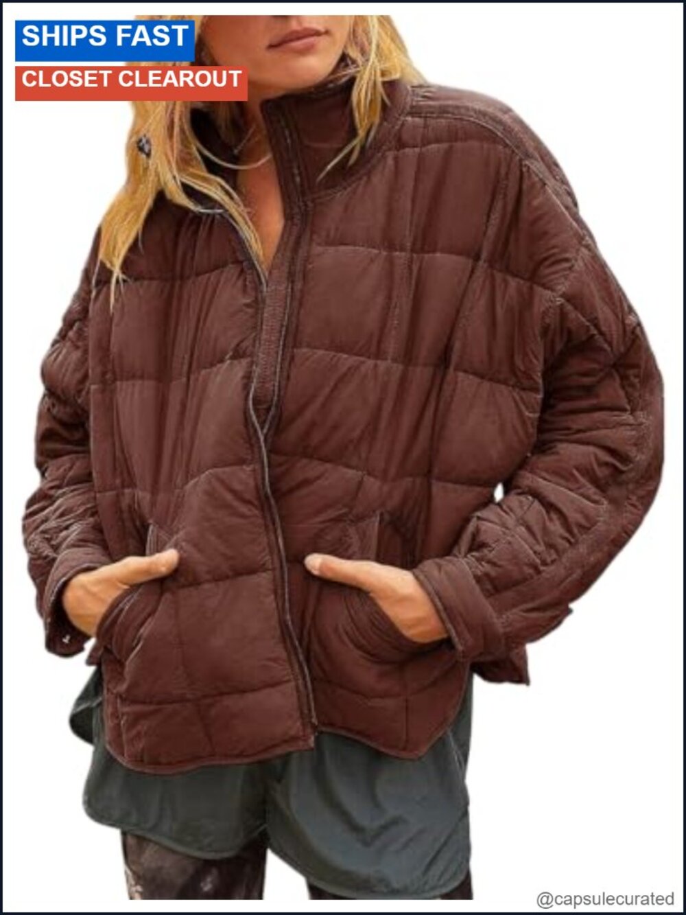 Quilted Puffer Jacket Lightweight Packable Coat Nylon Oversized